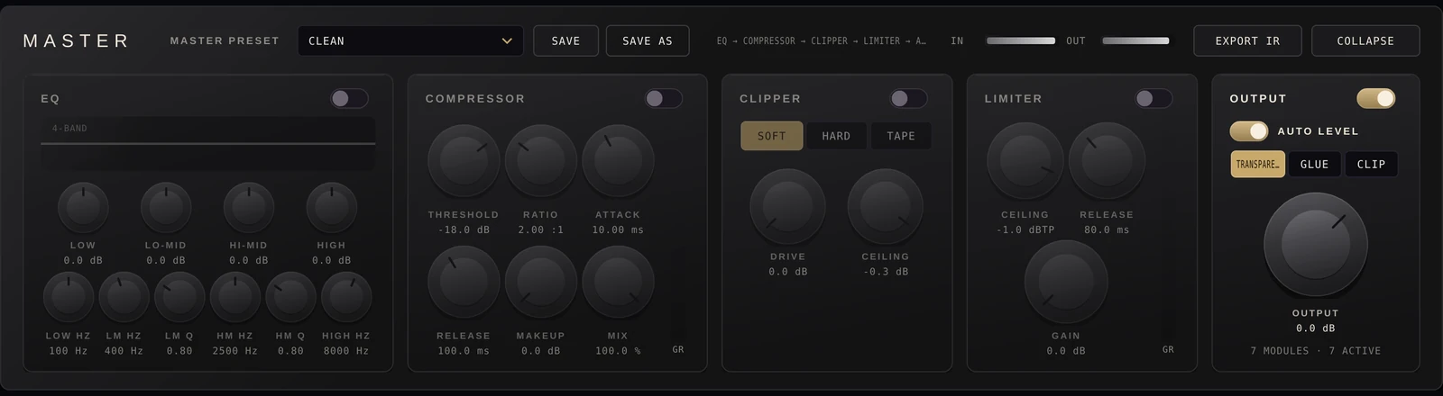 The master section: four-band EQ, compressor, clipper with SOFT, HARD and TAPE, true-peak limiter, and the output with AUTO LEVEL