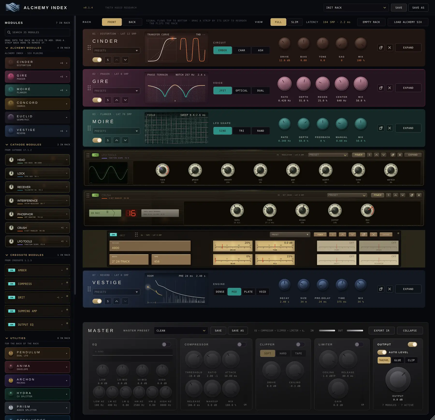 ALCHEMY INDEX with CINDER, GIRE, MOIRÉ, LFO TOOLS, CRUSH, GRIT and VESTIGE in the rack, the module browser on the left and the master section below