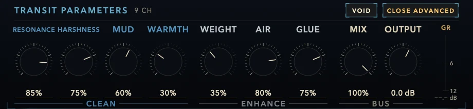 The ADVANCED drawer: RESONANCE, HARSHNESS, MUD, WARMTH under CLEAN, WEIGHT, AIR, GLUE under ENHANCE, MIX and OUTPUT under BUS