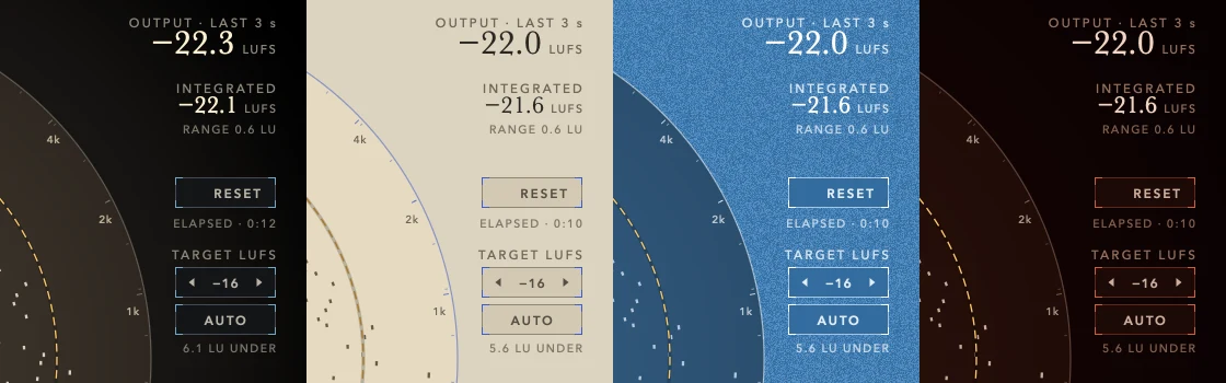 The same corner of the interface on the four skins: VOID, PAPER, PRESS and HEAT